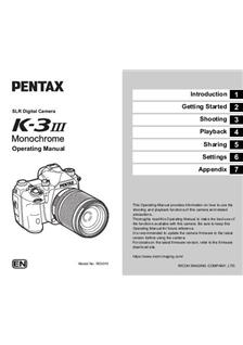 Pentax K 3 III Monochrome manual. Camera Instructions.